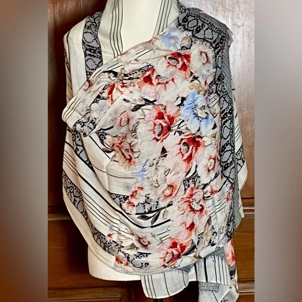 Vintage Boho Floral Faux Lace Print Scarf Wrap 68” x 20” Shabby Chic Cottagecore